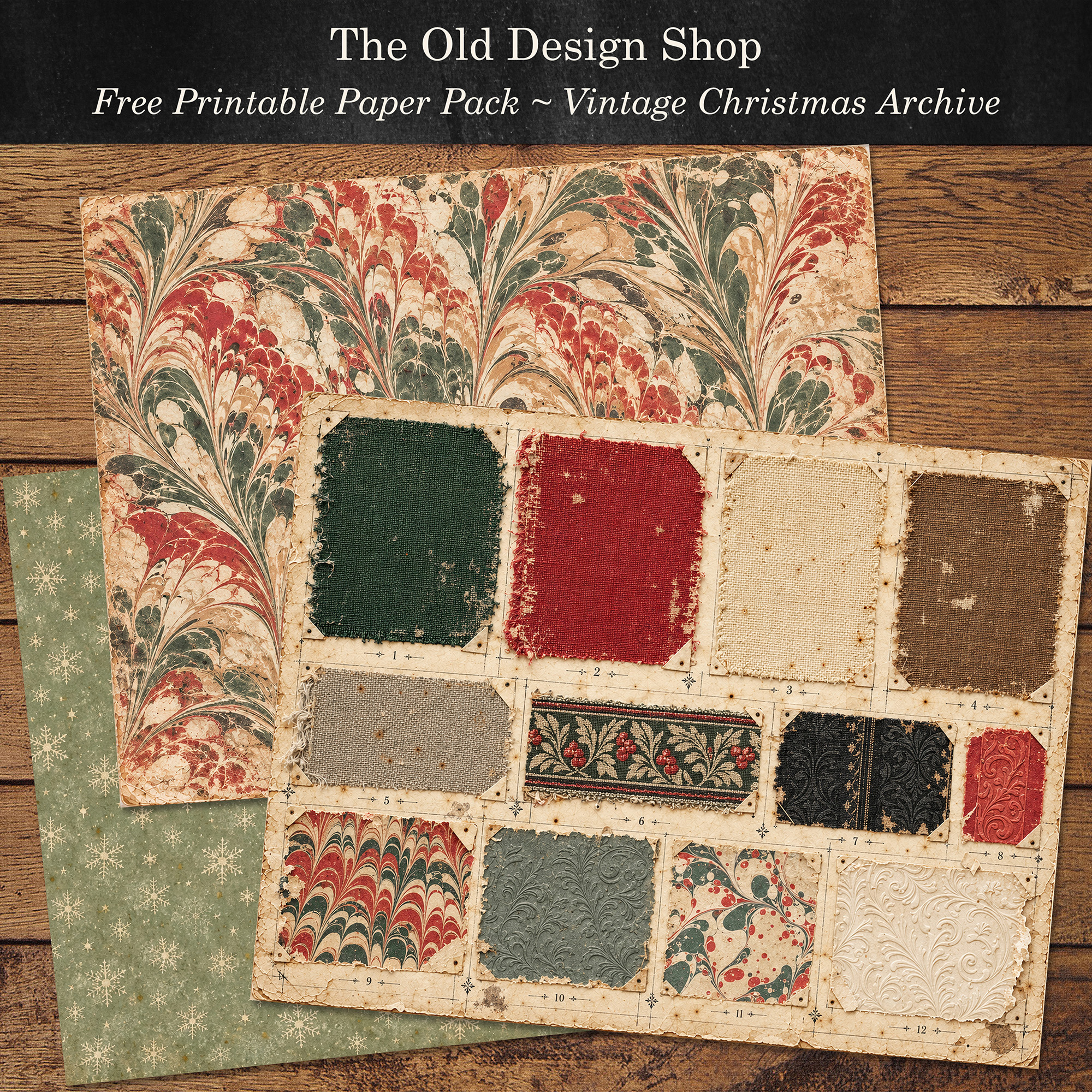 Free vintage Christmas papers in red, green and antique-inspired printable designs.