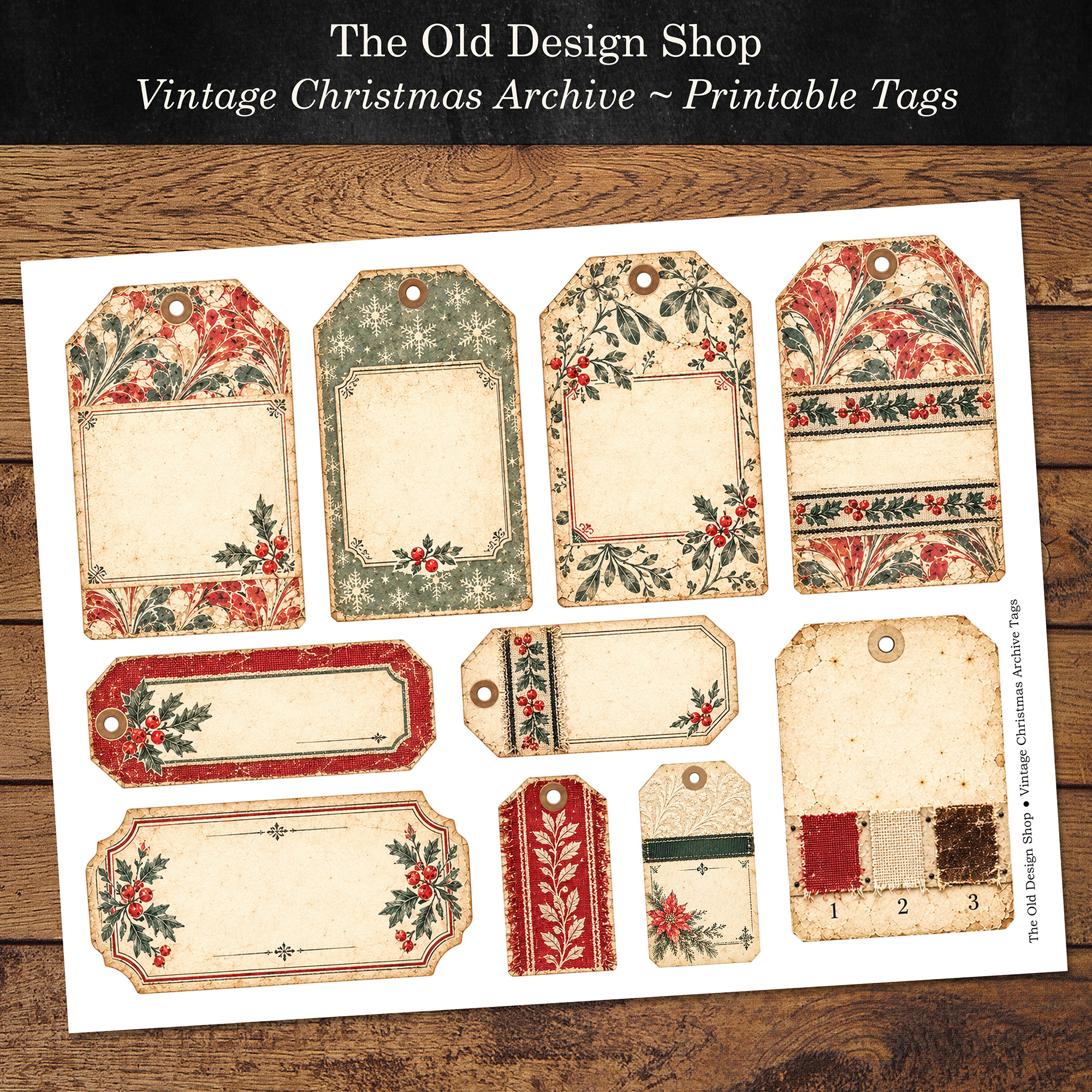 Free vintage Christmas tags printable with marbled paper, holly, berries, snowflakes, mistletoe and antique-style Christmas designs