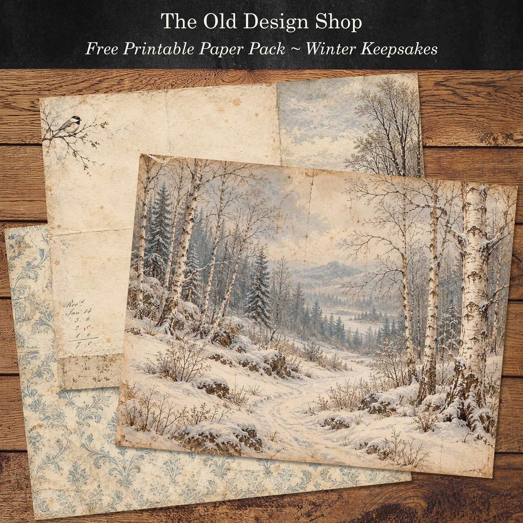 Free Winter Keepsakes Papers featuring a snowy woodland scene, vintage bird collage, and faded blue damask pattern.